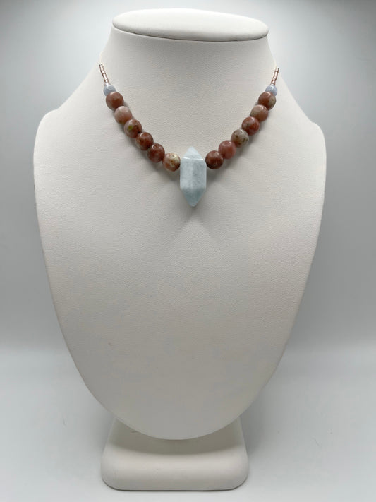 Aquamarine & Pink Rhodonite Goddess Necklace